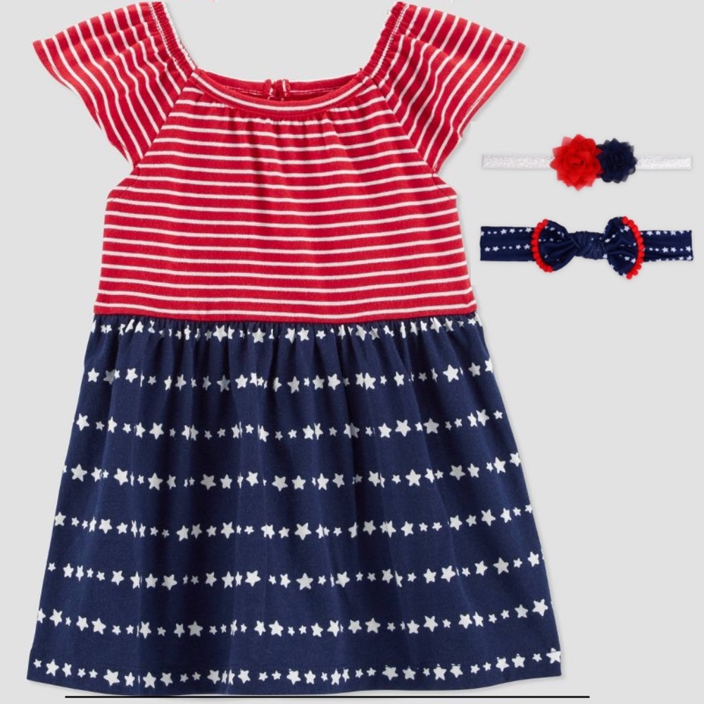 Carter's JOY Baby Girls 4th of July Dress with Matching Headwraps NWT